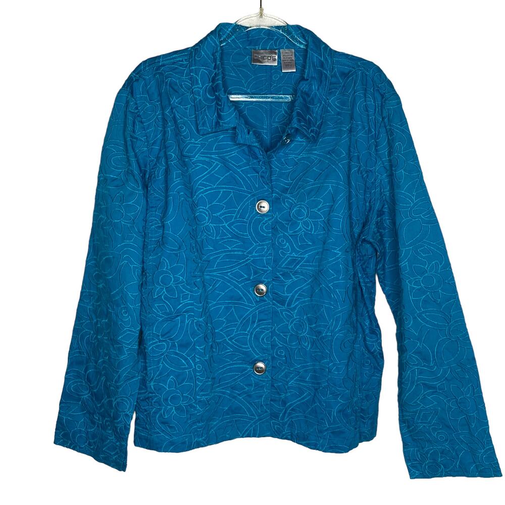 Chicos Size 2/L‎ Turquoise Aqua Blue Embroidered Blazer Jacket Button Up Stretch